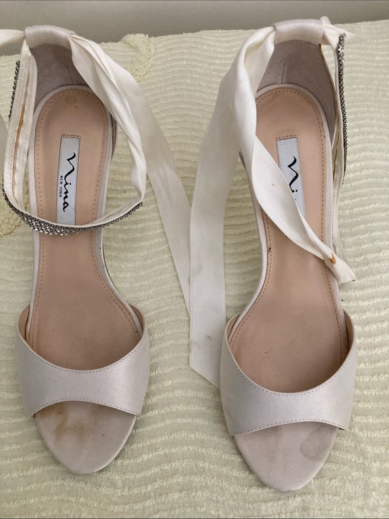 Nina Shoes - Nina White Satin Open-Toe Ankle Tie Heels with Rhinestone Strap